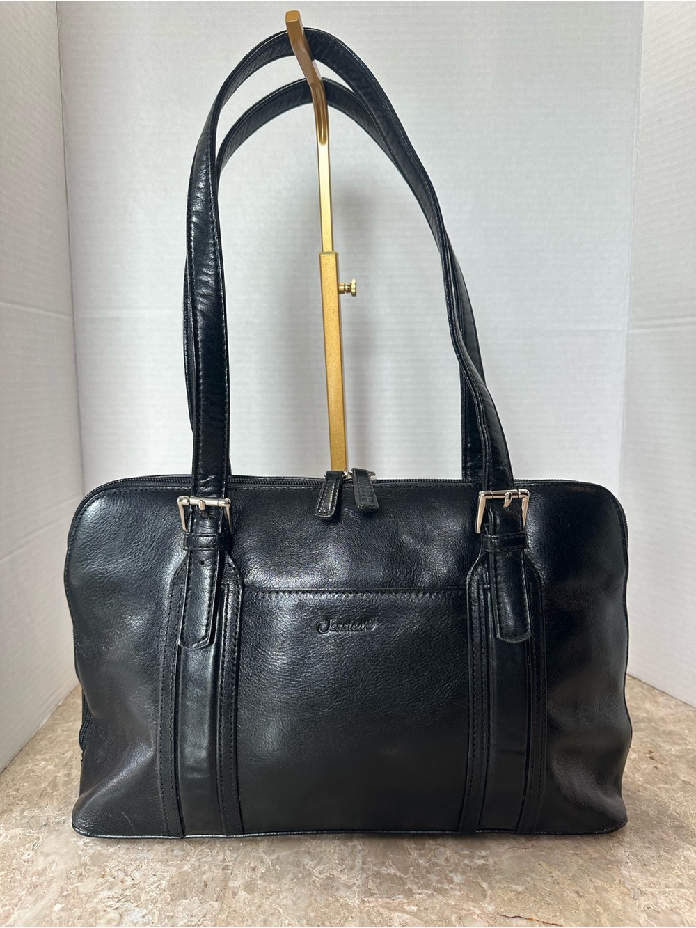 Vintage Y2K Black Leather Shoulder Bag Structured Work Tote Canada Heritage